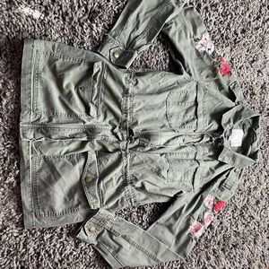 Green jean jacket, rose embroidery